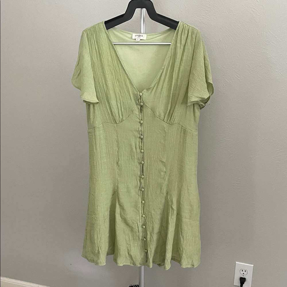 Umgee Sage Green Mini Dress with Front Button Detail and Tie Back